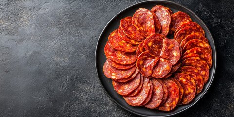 Wall Mural - Chorizo slices arranged in a circle on a small serving plate