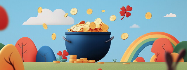 Banner with Pot of gold coins, clover leaves and rainbow. St. Patrick's day concept, cartoon icon flat design, flat vector illustration, background with a copy space area