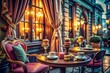 © kittipon - twilight Budapest cafe scenic velvet drapes lavish pastel-colored macarons ornate antique tables rustic candlelit warmth nostalgic retro-style film grain