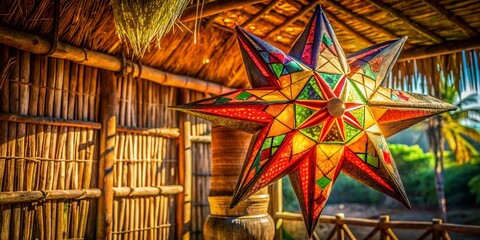 intricate colorful parol patterns pop against rustic natural backdrop of woven bamboo philippine hut