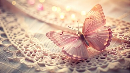 A delicate blush pink butterfly perched on a vintage lace doily, soft and airy ambient light, whimsical and dreamy mood, a realistic photo image.