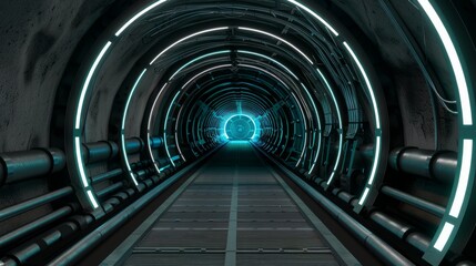 Canvas Print - Futuristic tunnel with glowing rings and a blue light at the end.