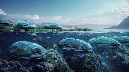 Poster - Futuristic underwater homes with glass domes, nestled in coral reefs and mountains in the distance.