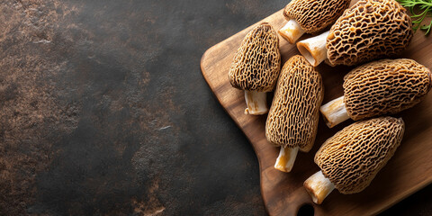 Wall Mural - Whole morel mushrooms arranged neatly on a wooden cutting board