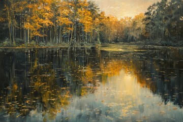 Wall Mural - A painting depicting a lake reflecting sunlight, surrounded by dense trees, Sunlit reflections on a calm lake