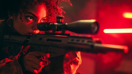 A woman with curly hair, wearing earrings, is holding a rifle with a scope. She is aiming with a focused look, lit by red light.