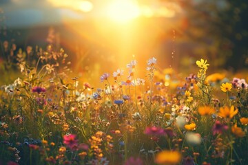 Poster - A field of colorful wildflowers under the shining sun, Sun shining on a meadow of colorful wildflowers