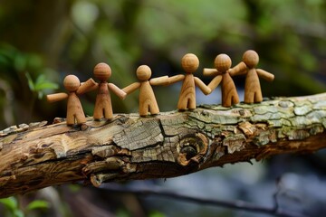 Poster - Group of wooden people linked in unity, holding hands on a sturdy branch in a symbolic display of togetherness, Support and encouragement within a collective effort