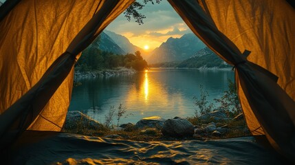 Poster - Camping Tent View of Sunrise Over Mountain Lake