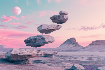 Sticker - An intriguing rock formation stands out in the expansive desert landscape, creating a surreal sight, Surreal desert landscape with floating rocks and a pink sky