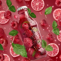 Sticker - Glass bottle with raspberry and lemon drink, falling on pink background.