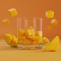 Wall Mural - Glass filled with mango chunks with other pieces floating around it.