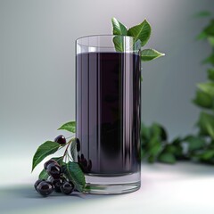 Sticker - Glass of dark juice with fresh berries and green leaves.