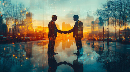 Wall Mural - Double Exposure Illustration of Two Business People Shaking Hands with Cityscape and International Bank Building in the Background, Symbolizing Successful Business Partnership and Global Financial Col