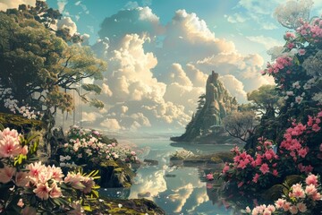 Canvas Print - A painting showcasing a river winding through a vibrant landscape filled with colorful flowers and greenery, Surreal landscapes adorned with flora