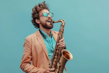 A man in a suit and sunglasses playing a saxophone