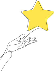 Wall Mural - Continuous one line drawing of human hand holding yellow star. Satisfaction customer concept. Vector illustration with editable stroke.