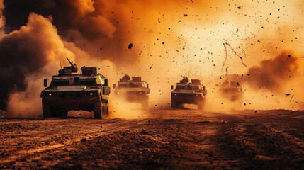 A group of military vehicles are driving through a desert, with the dust