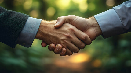 Wall Mural - Close-Up of Two Businessmen Shaking Hands in a Professional Business Environment Captured at a 45-Degree Angle in 8K Resolution, Emphasizing Partnership and Agreement