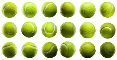 Multiple tennis balls isolated on transparent background in different positions showing sports equipment