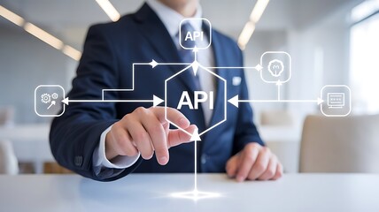api integration: businessman interacting with a futuristic api interface