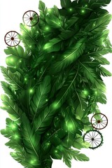 Wall Mural - Green Feathers with Glowing Lights and Wooden Wheels