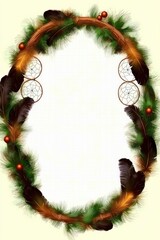 Canvas Print - Dreamcatcher Wreath with Feathers and Pine Branches