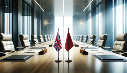 A modern conference room with United Kingdom and Morocco flags on a long table, symbolizing a bilateral meeting or diplomatic discussions between the two nations.