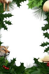 Wall Mural - Festive Green Holly Border with Leopard and Hat