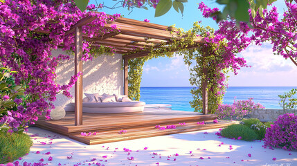 Landscape of a courtyard covered with beautiful bougainvillea, gorgeous sea view