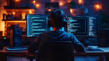Late night coding in a home office reflects the dedication of a programmer immersed in the digital world.