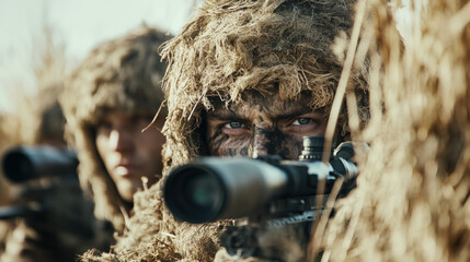 Two soldiers in camouflage gear, one with a rifle and the other with a scope