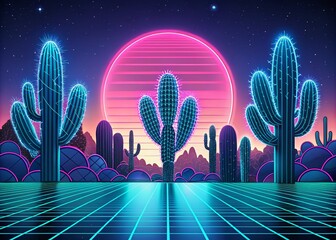 retro futuristic landscape nopal cacti amidst neon vector lines and circles in electric blue and pink with nostalgic glow and symmetry