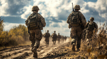 A group of soldiers are running through a field