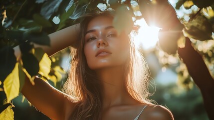 A young woman with long brown hair stands in front of a tree, sunlight shines through the branches and leaves creating a bokeh effect.