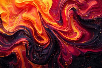 Poster - Abstract painting featuring fiery red, sunny yellow, and deep blue colors in swirling tendrils, Swirling tendrils of fiery red and orange intertwining