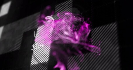 Wall Mural - Abstract purple particles and circular progress bar animation over dark background with number 142