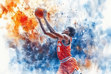 Wall Mural - Dynamic basketball player in action, showcasing skill and determination in vibrant watercolor painting.