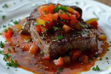 Poster - A white plate topped with Swiss steak cooked in tomato sauce and a variety of fresh vegetables, Swiss steak with a tomato sauce and vegetables