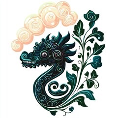 Poster - Ornate Dragon with Floral Swirls and Clouds