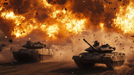 Two tanks are driving through a battlefield with a lot of smoke and fire