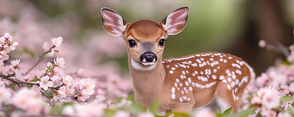 Baby deer surrounded by spring blossoms, baby animal portrait, springtime