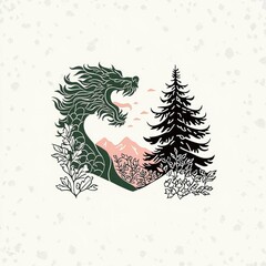 Poster - Dragon and Mountain Silhouette with Pine Tree