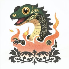 Canvas Print - Cute Dragon In Flames With Ornate Design