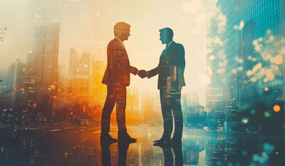 Wall Mural - Double Exposure Illustration of Two Business People Shaking Hands with Cityscape and International Bank Building in the Background, Symbolizing Successful Business Partnership and Global Financial Col