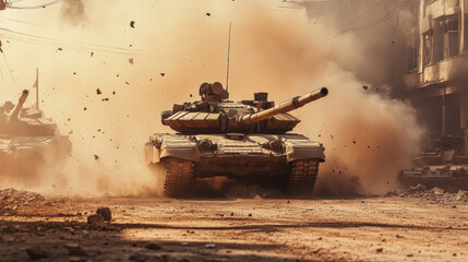 A tank is driving through a desert with smoke and dust