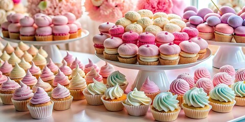 3. A sweet treat buffet featuring rows of cupcakes, macarons, and cotton candy all in various shades of pale, poppy candy pink, a realistic photo image.