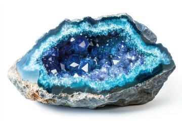 Wall Mural - A stunning blue geode showcasing sparkling crystals within a rock formation.