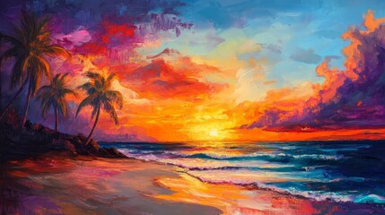 A captivating painting depicting a vibrant sunset over a tropical beach, showcasing the beauty of nature with warm hues, palm trees swaying in the breeze, and the gentle lapping of waves. This image s