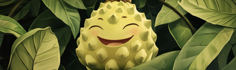 Wall Mural - A cheerful cartoon cherimoya fruit with a big smile and blushing cheeks, surrounded by green leaves. This illustration evokes feelings of joy, happiness, and the sweetness of nature.